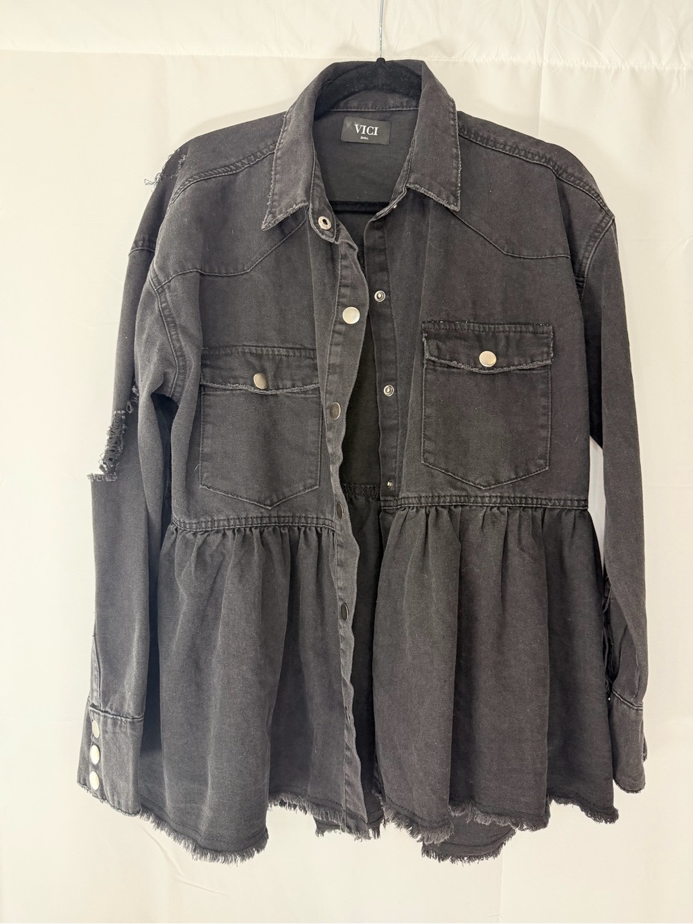 VICI Black Washed Denim Distressed Peplum Shirt Jacket